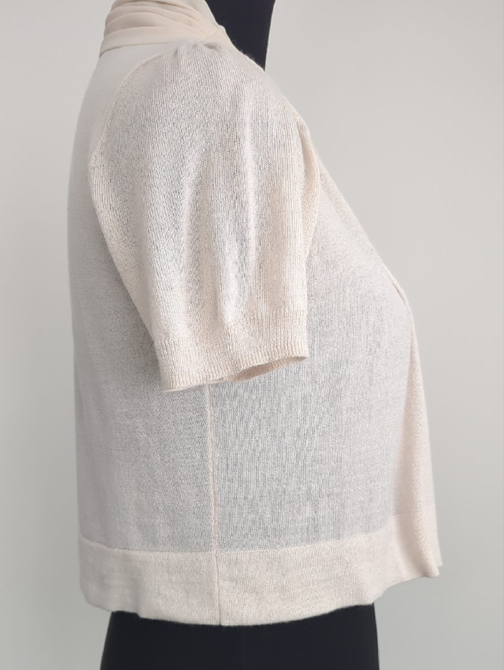 The Limited Cream Short Sleeve Shrug with Draped Scarf and Bead Accents - Picture 9 of 14